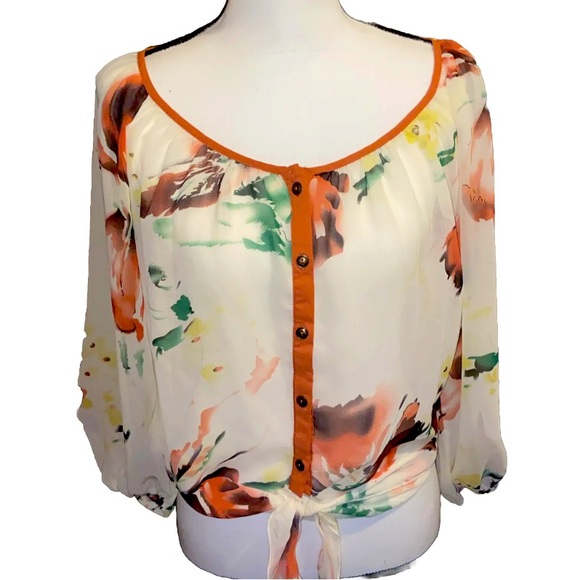 Daytrip Womens Large Button Down Tie Waist Sheer Floral Balloon Slv Blouse - Picture 1 of 12